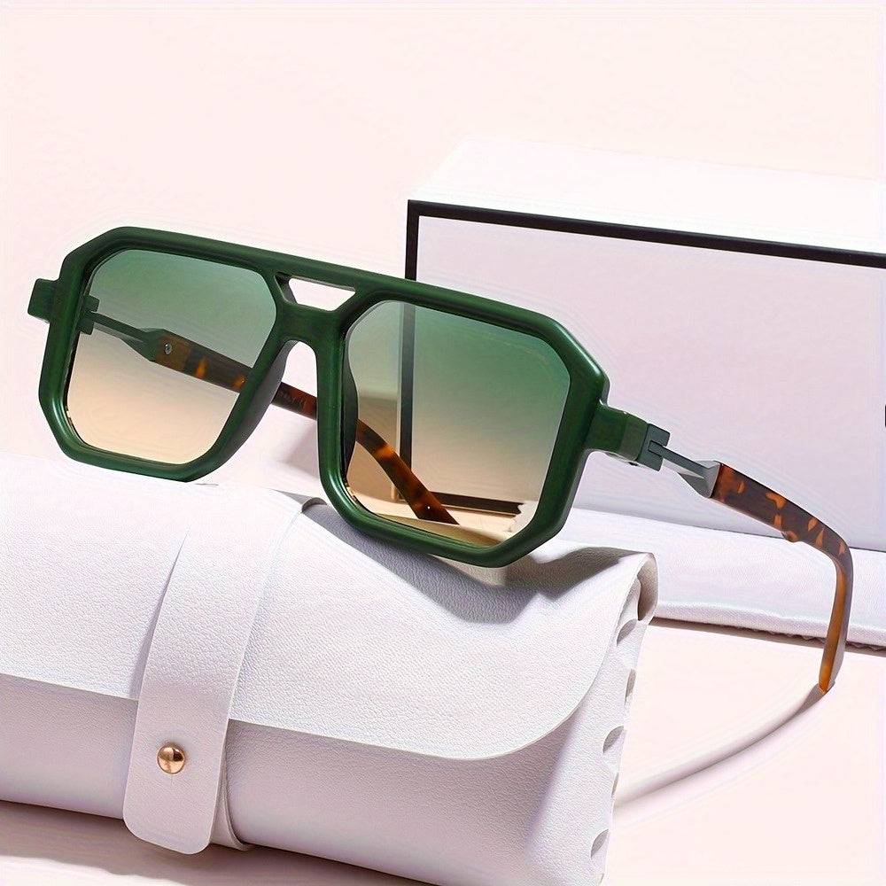 Unisex Retro Square-Frame Glasses with Golden Finish and Green Decorative Lenses, Lightweight PC Frames, Includes Case and Cleaning Cloth