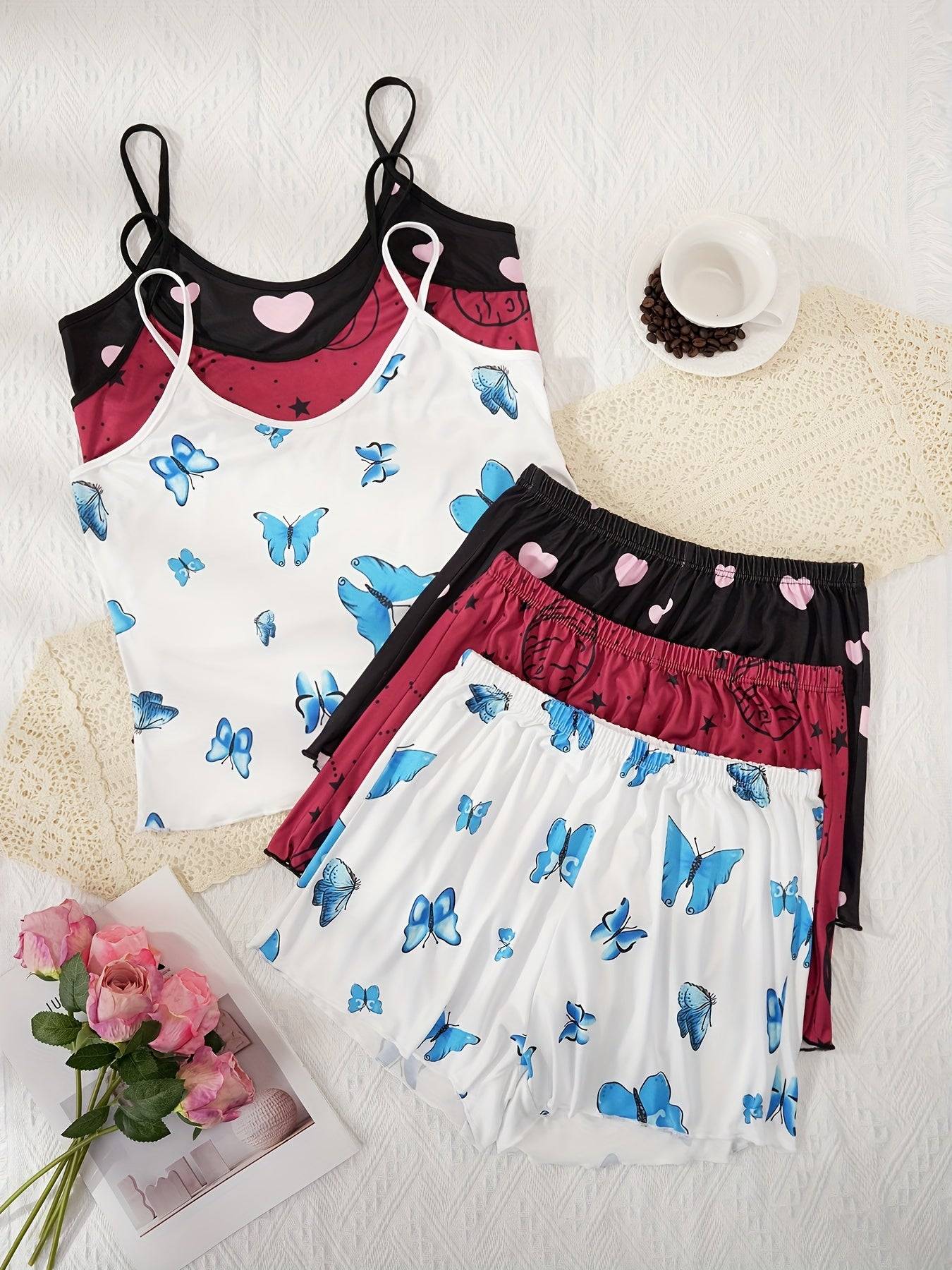 2-Piece Women's Pajama Set – Elegant Spaghetti Strap Top & Shorts in Smooth Polyester, Lightweight Sleepwear for Spring, Summer & Fall