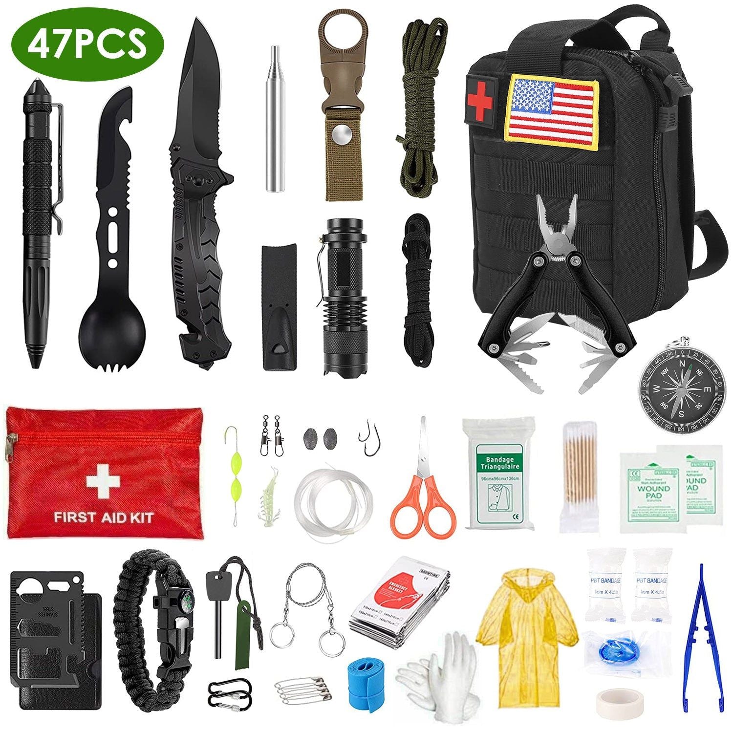 47 Piece Survival Kit with Tactical Tools and First Aid Gear