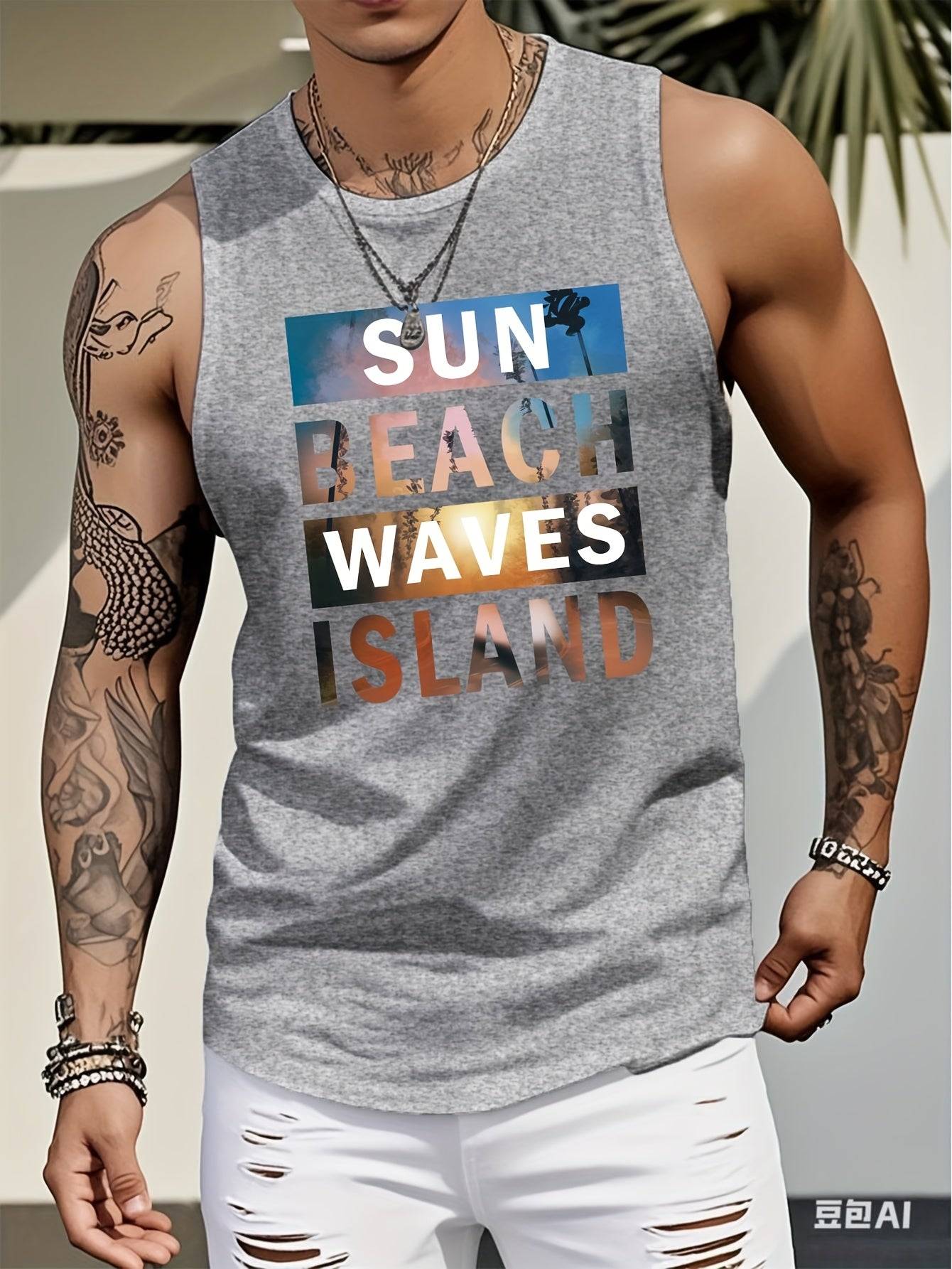Men’s Sleeveless Tank Top Cotton Crew Neck Island & Beach Wave Print Summer Casual Sport Style