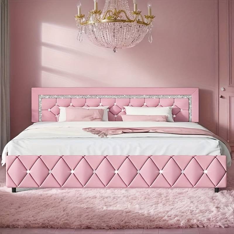 Upholstered Platform Bed Frame with Button Tufted Diamond Headboard, Padded Design, Wooden Slat Support, Easy Assembly