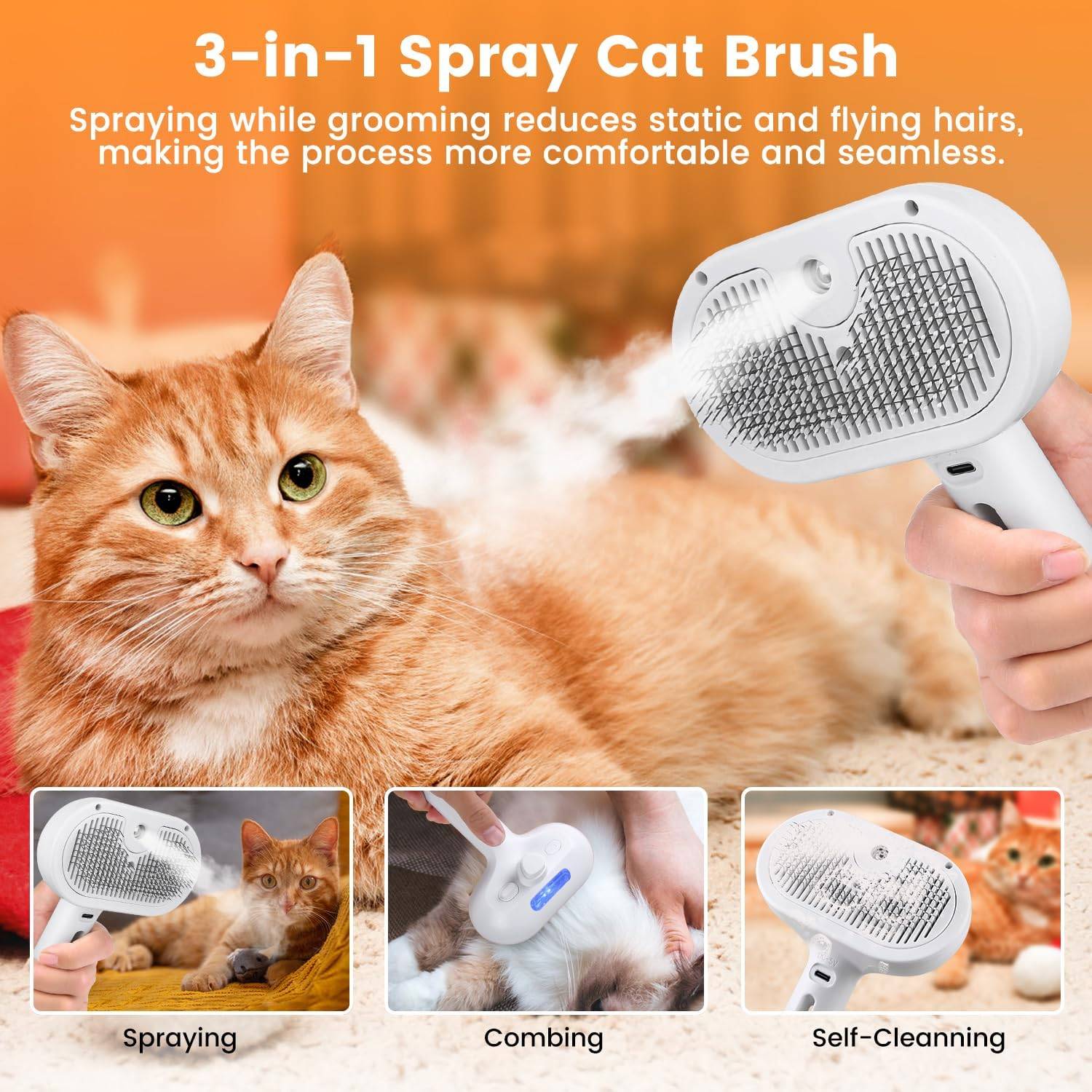 3 in 1 Cat Grooming Brush with Steam Spray