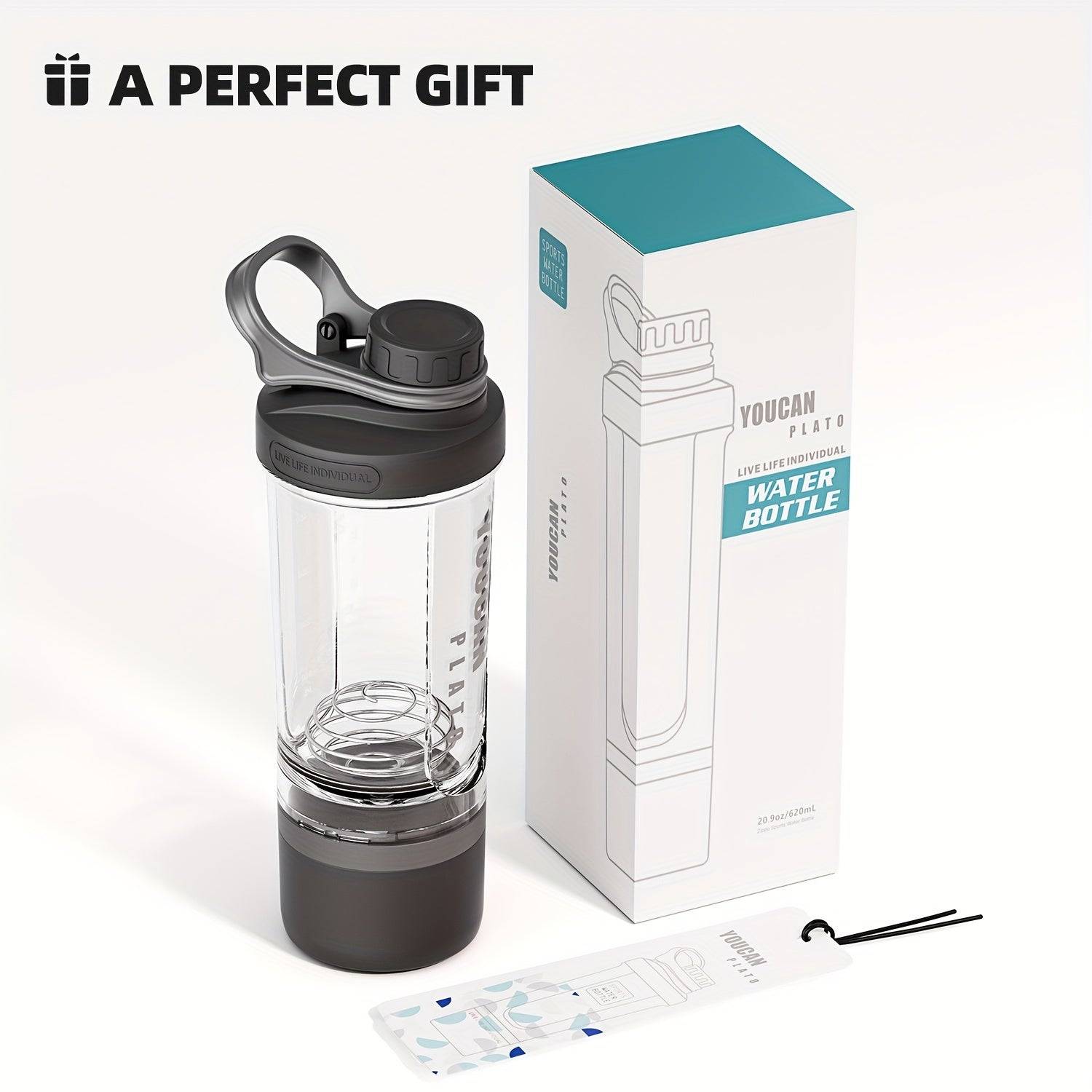 21oz Tritan protein shaker bottle BPA-free with powder container, wire whisk ball, and mixer cup for gym and shakes
