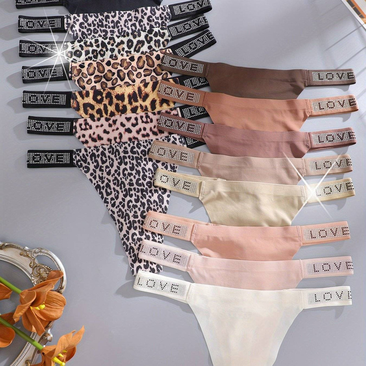 5-Pack Women's Ice Silk Thongs, Leopard Print and Solid Color Low-Rise V-String Panties with Diamond Cut-Outs, Soft and Comfortable