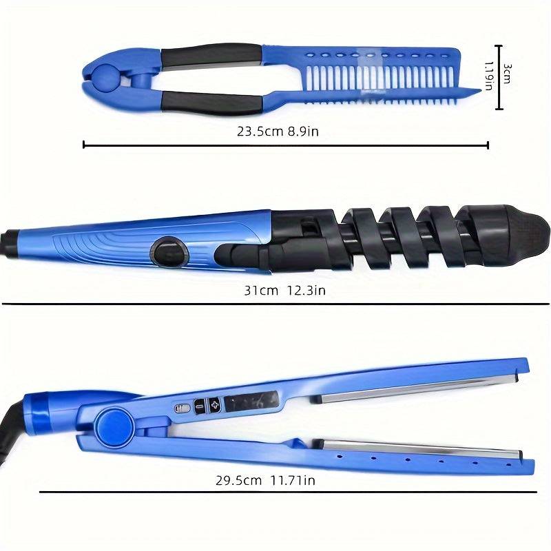 3-Piece Blue Hair Styling Kit Rapid-Heating Straightener, Curling Iron & V-Shaped Brush Multifunctional Hair Tools for Home & Travel