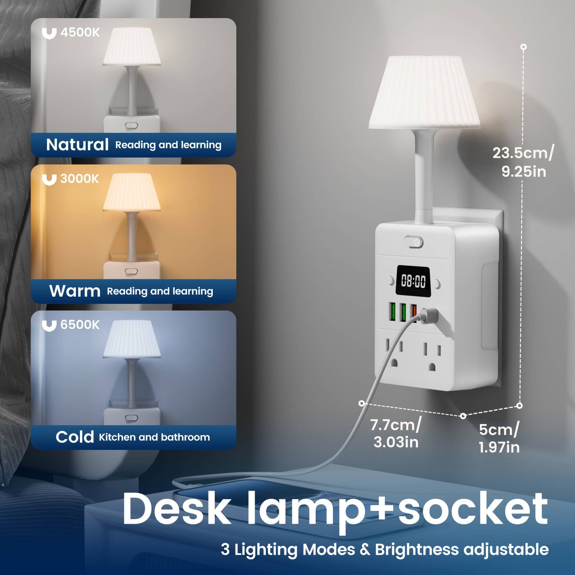 11-in-1 Power Strip Charging Station 4 Outlets, USB-A & USB-C Ports, Desk Lamp & Digital Clock Overload Protection