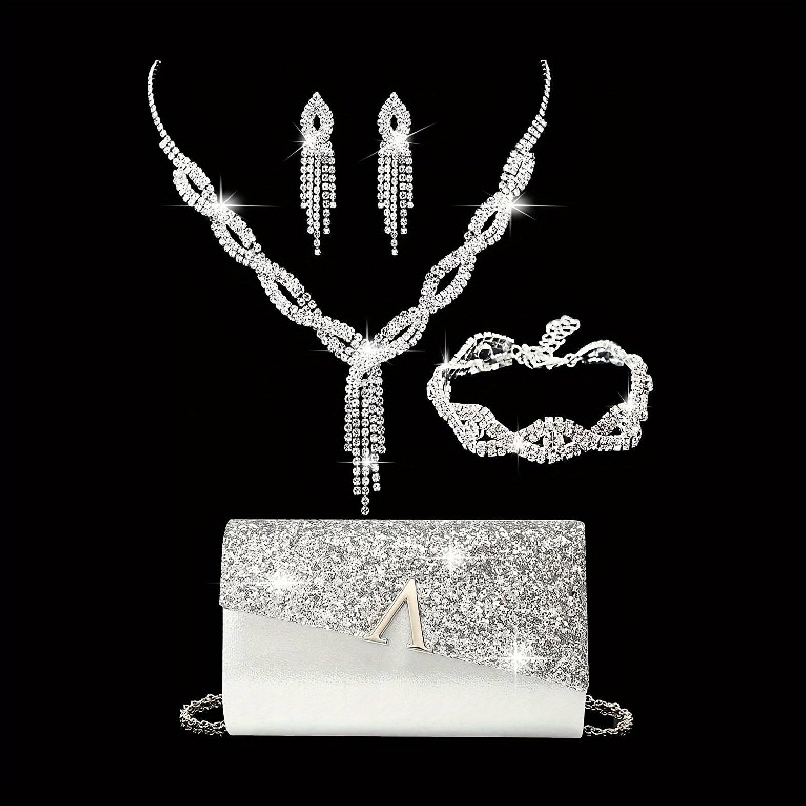 4pcs Elegant Dinner Set – Glossy Flip Cover Clutch Bag with Rhinestone Earrings, Necklace & Bracelet for Weddings and Formal Events