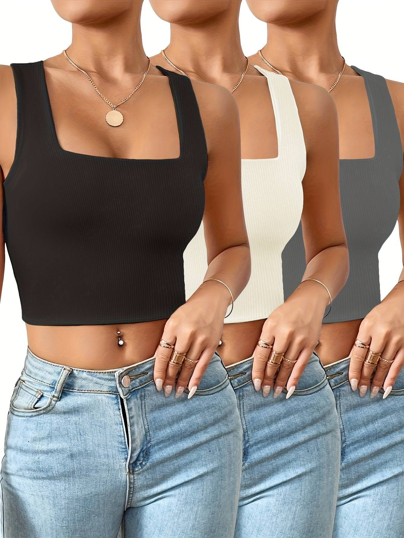 3-Pack Women’s Seamless Ribbed Crop Tank Tops, Square Neck Sleeveless Shirts in Solid Colors, Regular Fit for All-Season Casual Wear