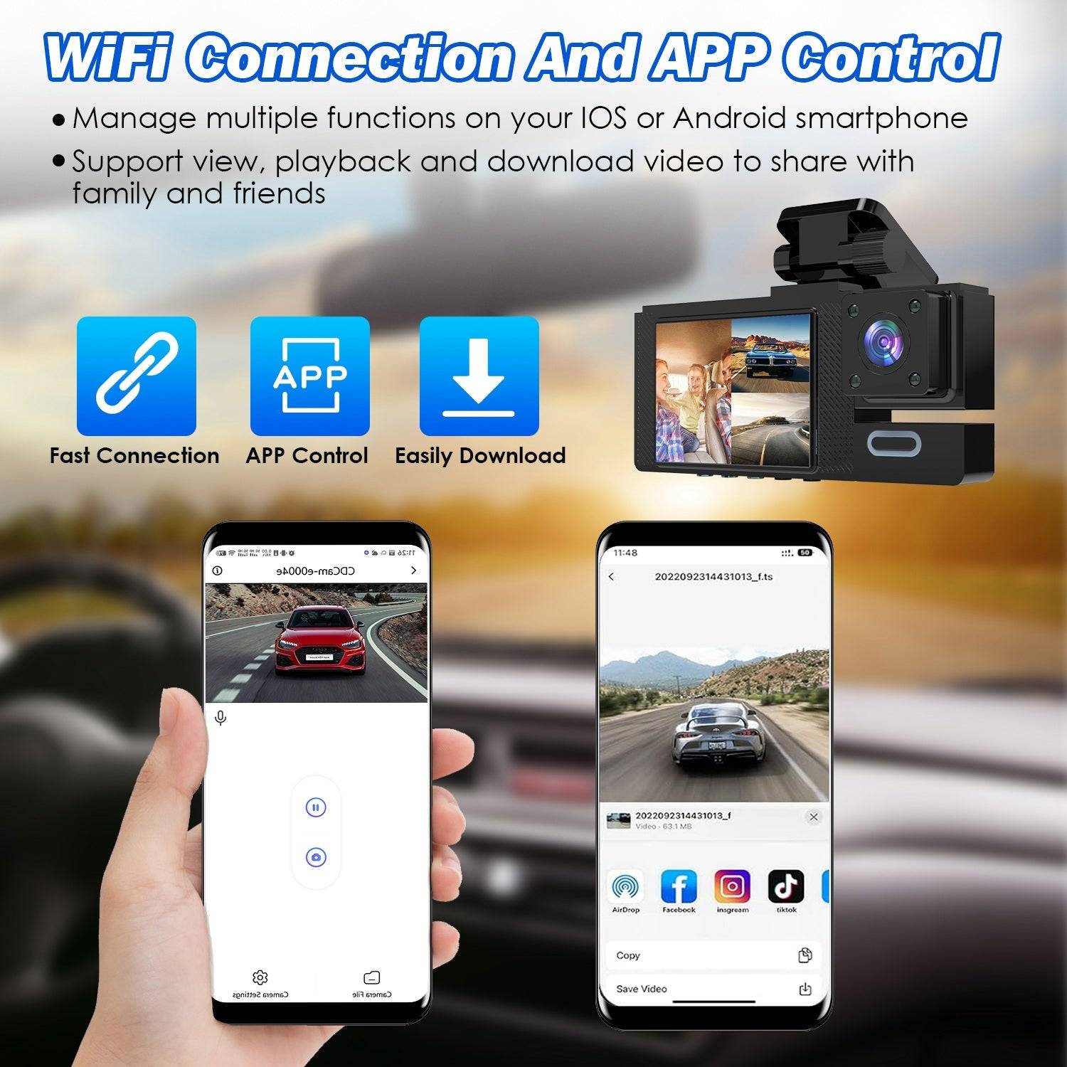 3 Channel Dash Cam 1080P WiFi with 64GB Card