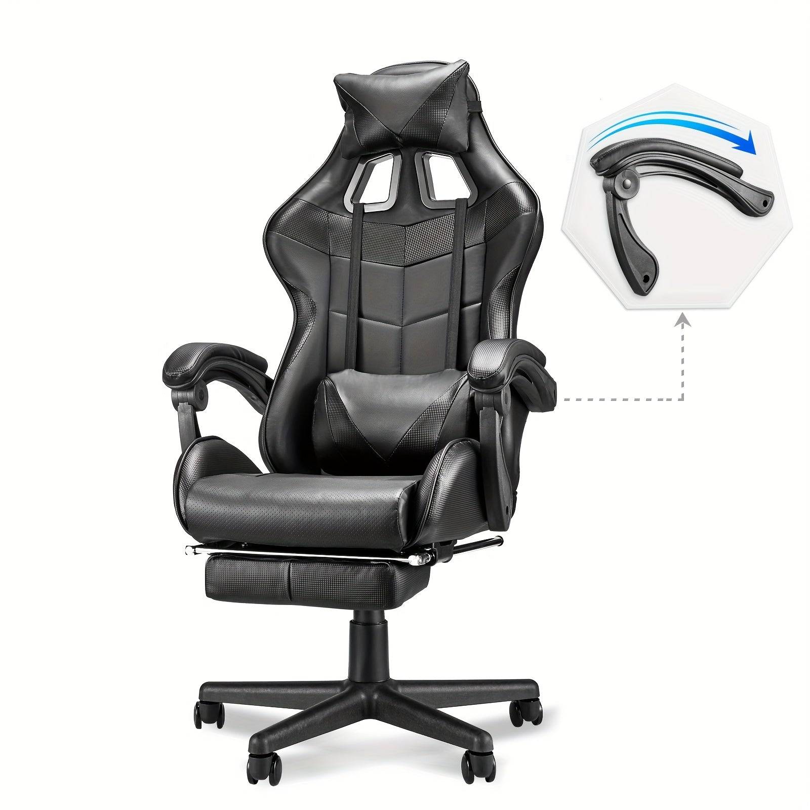All-black ergonomic gaming chair with massage, featuring adjustable headrest, lumbar support, and reclining armrest.