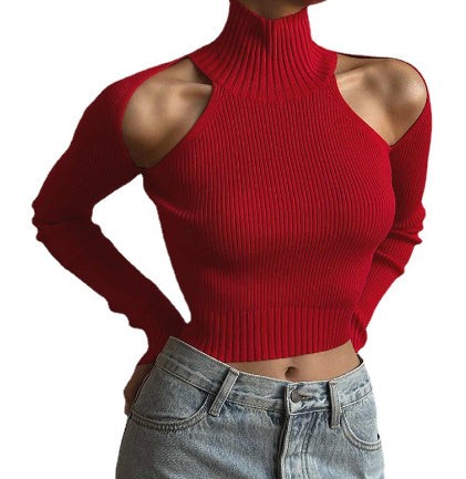 Women High Neck Long Sleeve T Shirt with Cut Out Design