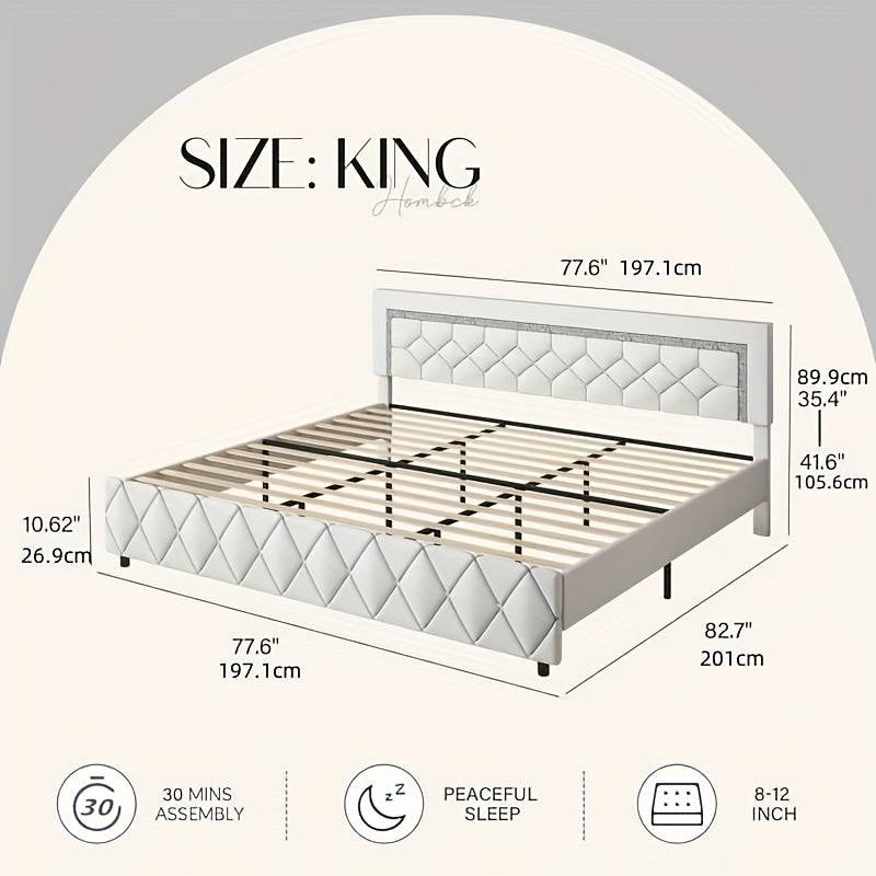 Upholstered Platform Bed Frame with Button Tufted Diamond Headboard, Padded Design, Wooden Slat Support, Easy Assembly