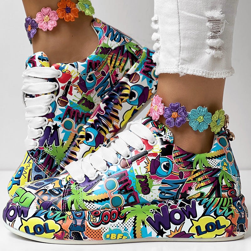 Geometric Print Sneakers With Lace Up Style And Thick Sole