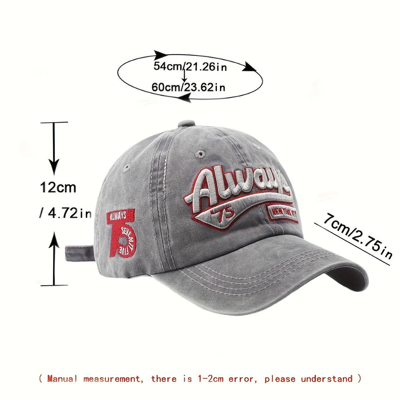 Grey 'Always' baseball cap with size dimensions, adjustable for 54–60cm head circumference, ideal for outdoor and travel use.