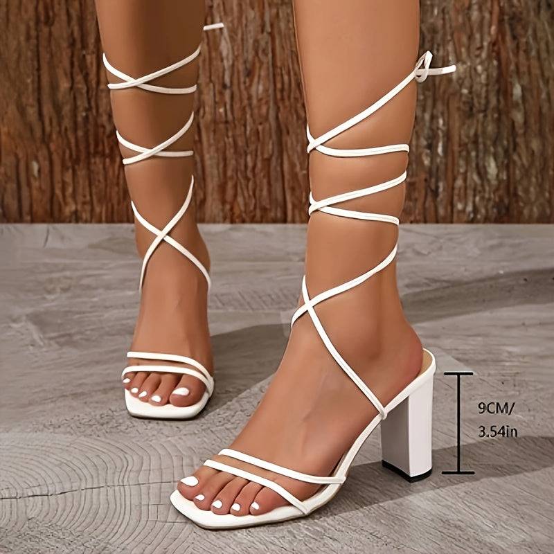 Women’s Elegant White Thick Heel Sandals, Adjustable Crisscross Strap Open-Toe Design with Non-Slip Sole, Summer