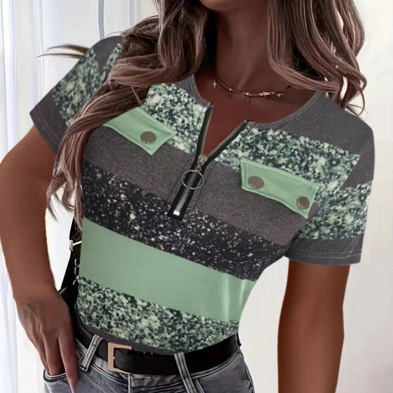 Women’s Color Block Zipper T Shirt Short Sleeve