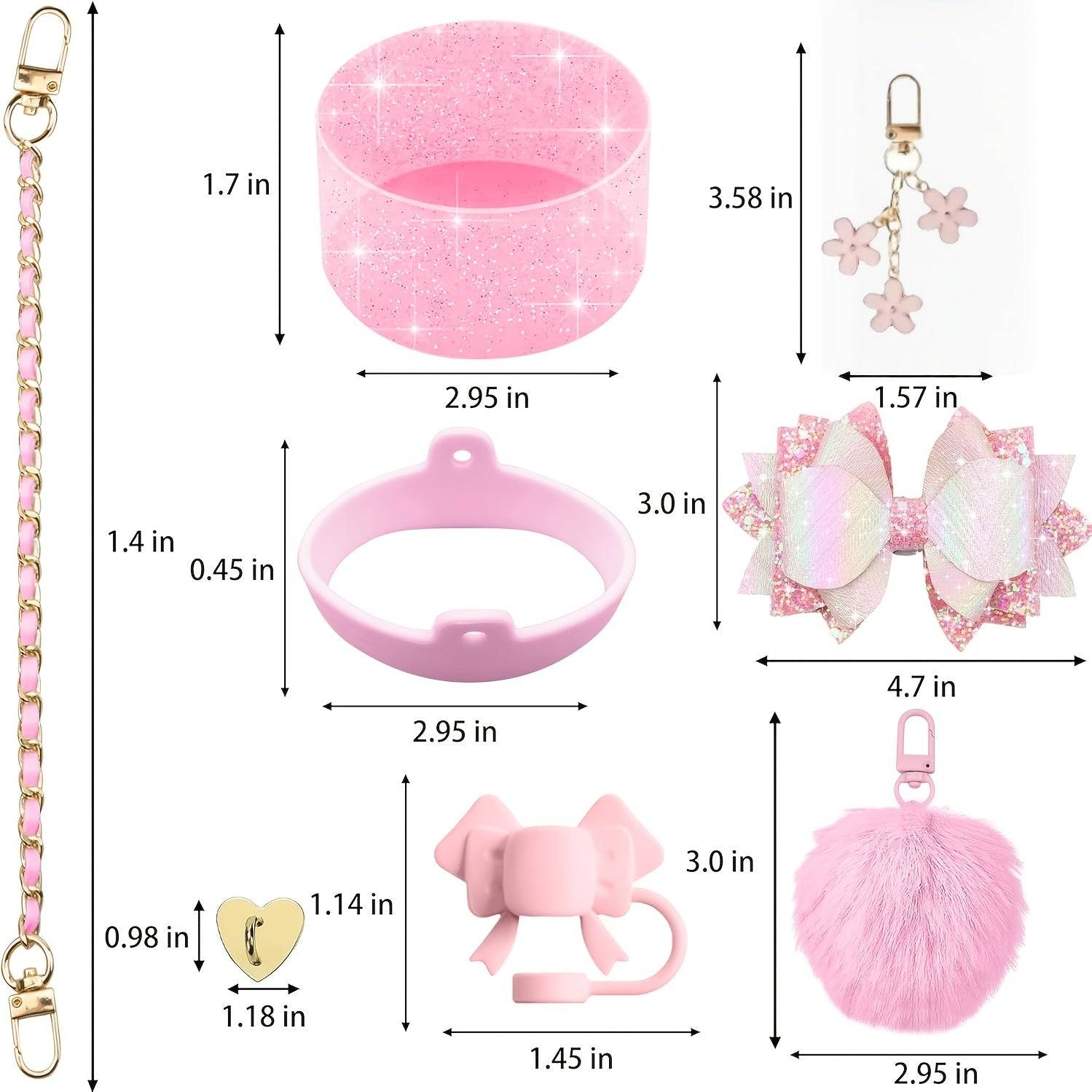 Bling Cup Accessories Set for 40oz & 30oz Tumblers, Silicone Bow Straw Topper, Cup Boot, Handle Strap and Decorative Charms (No Cup)