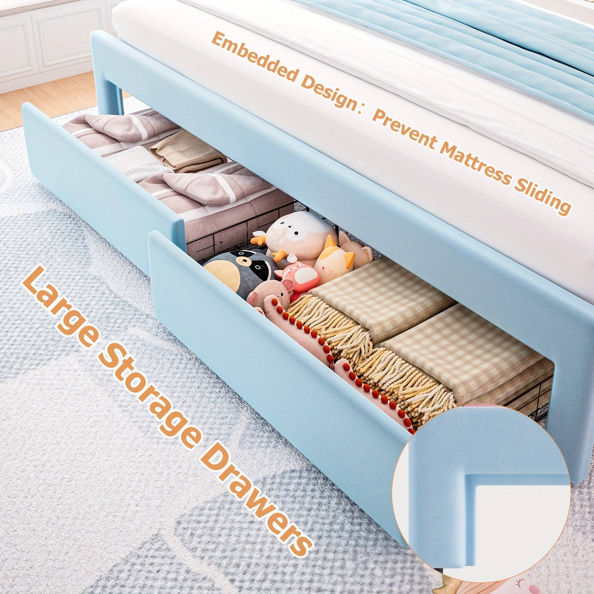 King Size Upholstered Platform Bed with Storage Drawers, Adjustable Headboard, Hardwood Frame, Modern Light Blue Design