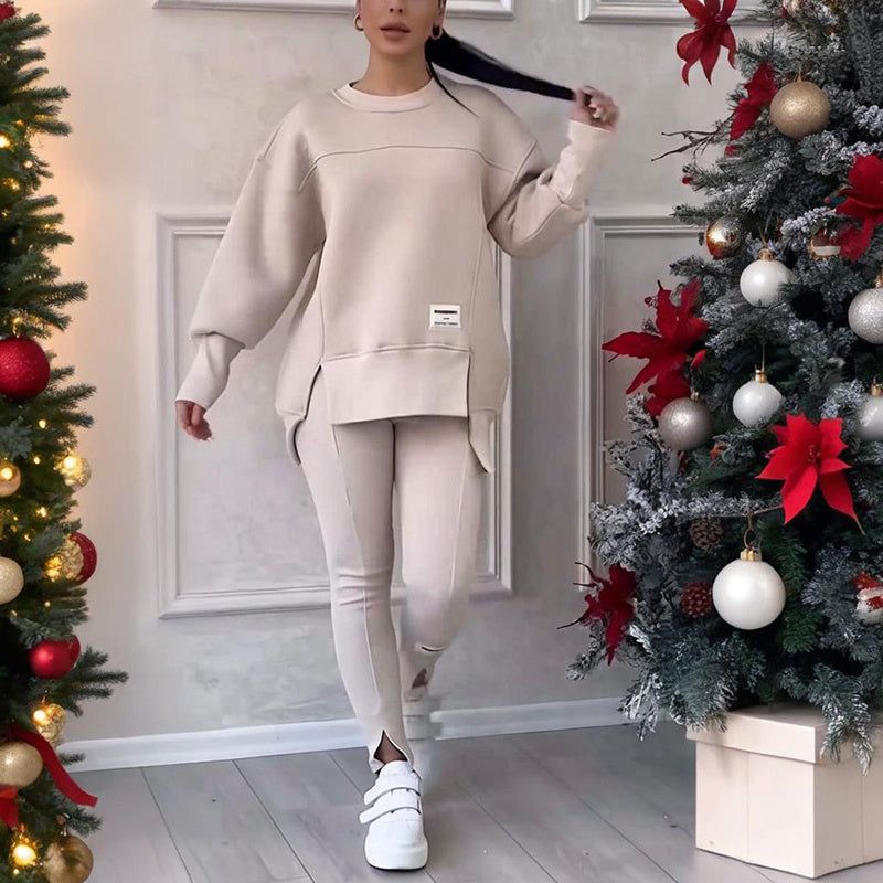 Women’s Solid Color Two Piece Set With Slit Hem Top