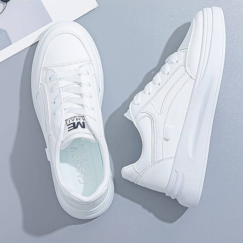Women’s All-Season Lace-Up Sneakers – White Casual Shoes with Round Toe, Thick Platform Sole & Durable PVC Outsole