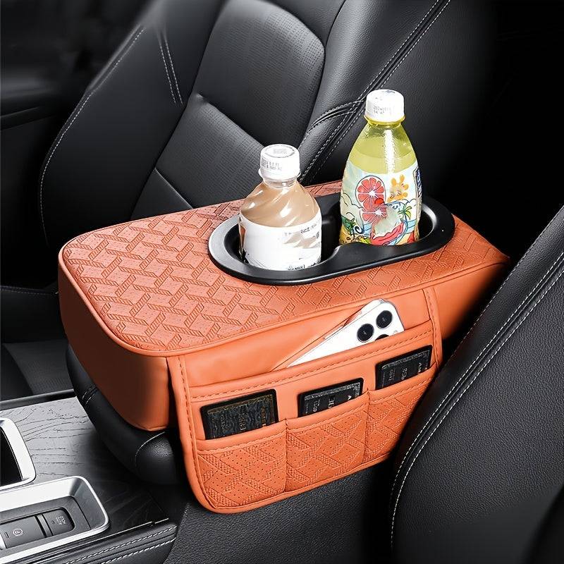 Universal Car Center Console Organizer with 2 Cup Holders and 2 Pockets, Faux PU Leather Armrest Cover with Multifunctional Storage for Phone and Accessories