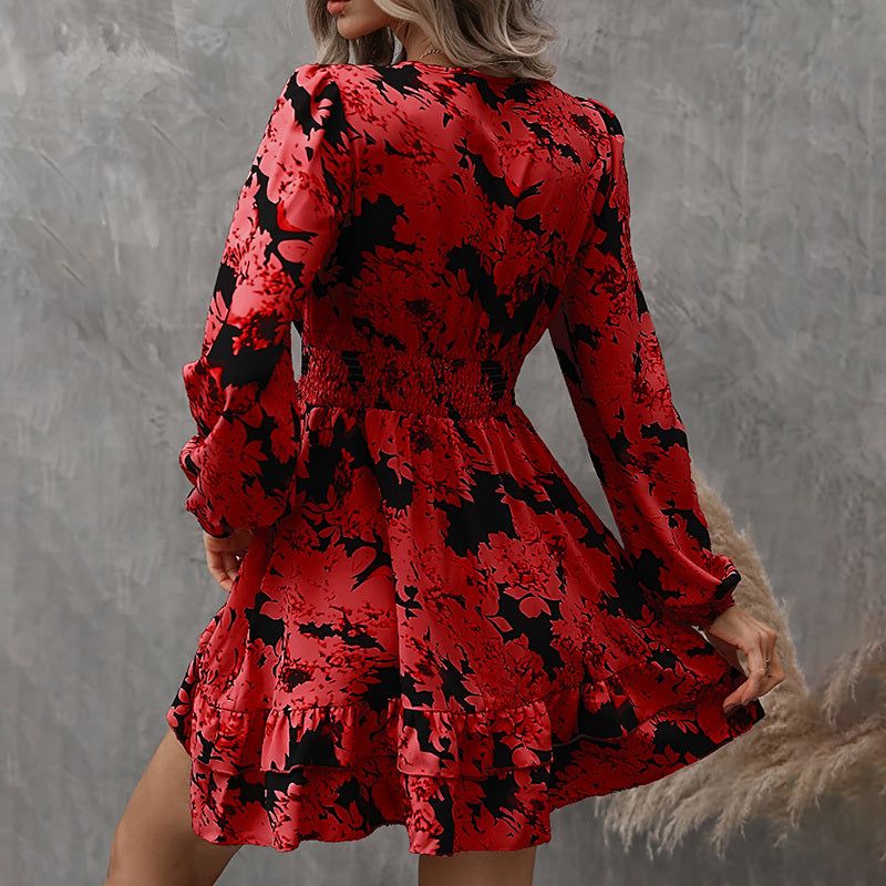 Printed A Line Dress with V Neck and Lantern Sleeves