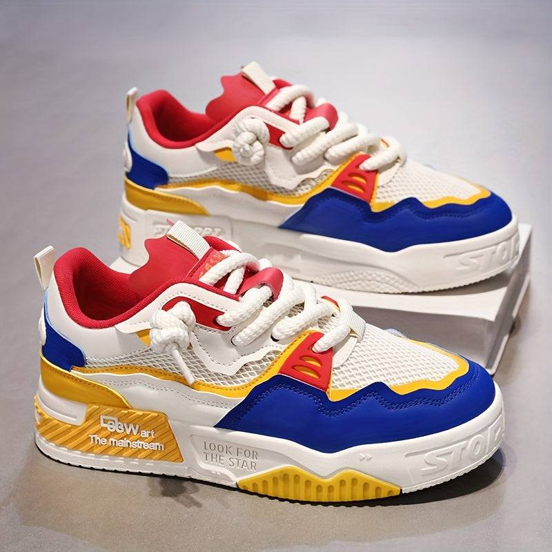 Men’s lace-up sneakers in vibrant red, blue, and yellow with breathable mesh and PVC sole, ideal for outdoor and daily activities.