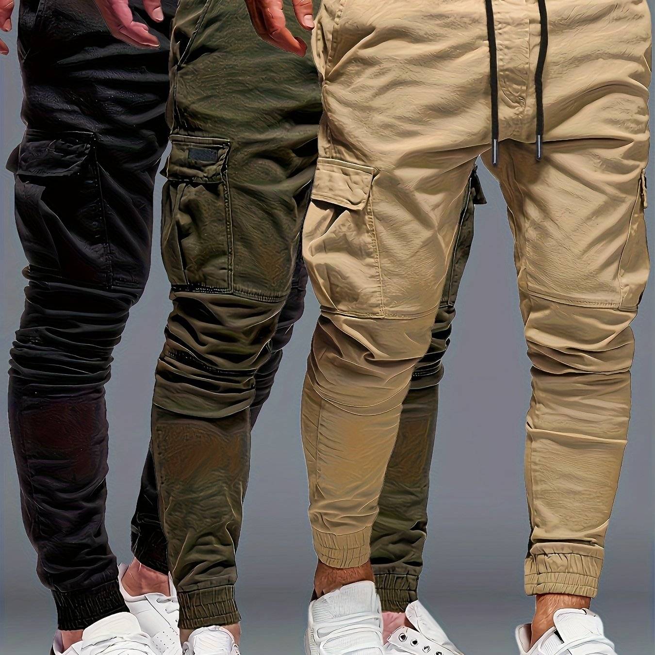 3pcs men's drawstring jogger pants with elastic waist, multi-pocket, regular fit, solid color for gym and casual use