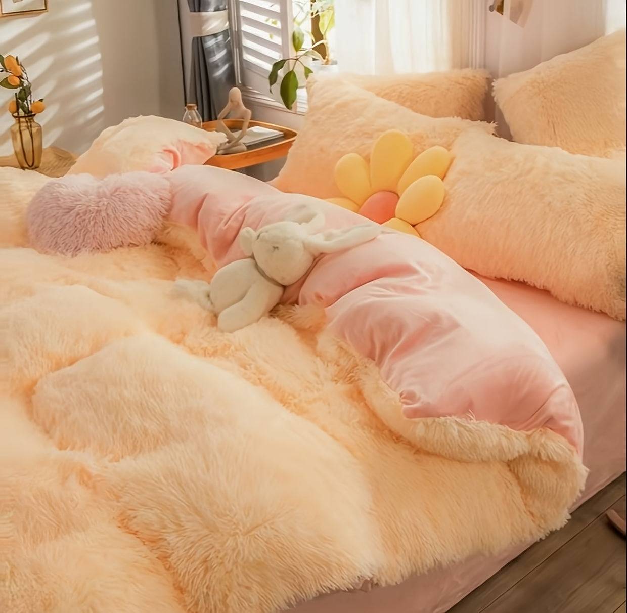 4-Piece Fluffy Bedding Set, Soft Comforter Set with Duvet Cover, Bed Sheet and 2 Pillowcases, Queen/King Size