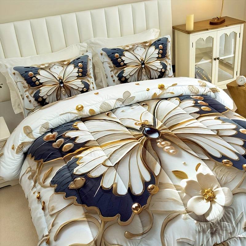 3-Piece Butterfly & Flower Quilt Set – Black & White Digital Print Comforter with Pillowcases