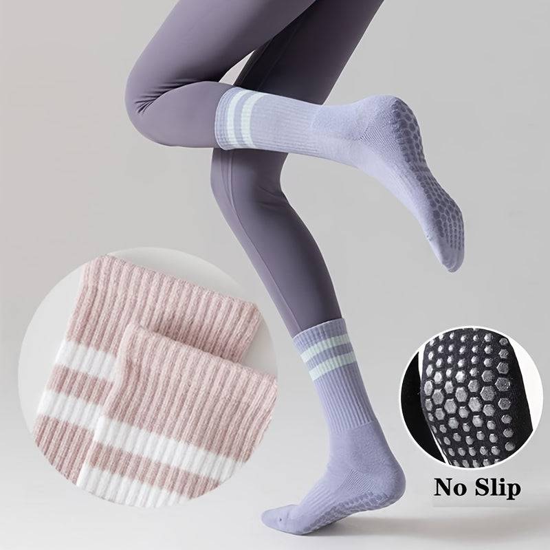 6 Pairs Women’s Anti-Slip Silicone Socks, Mid-Calf Ribbed Design with Double Stripes, Breathable Polyester Blend for Pilates, Dance and Floor Fitness