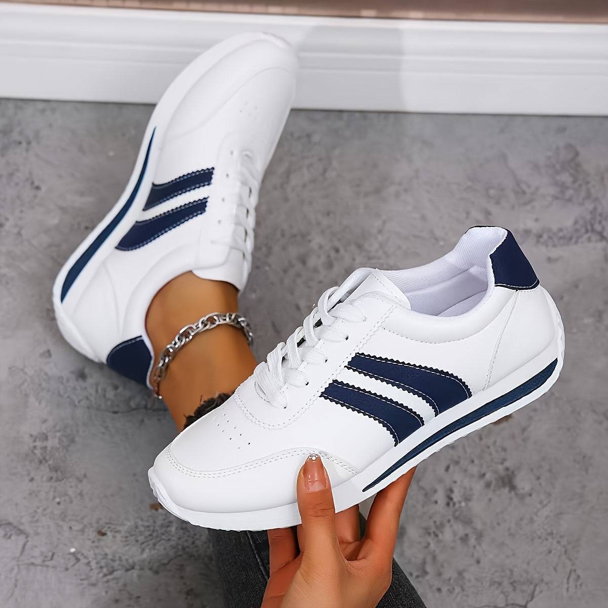 Women’s Lightweight Sneakers – Cushioned Insoles, Non-Slip Sole, White with Navy Accents