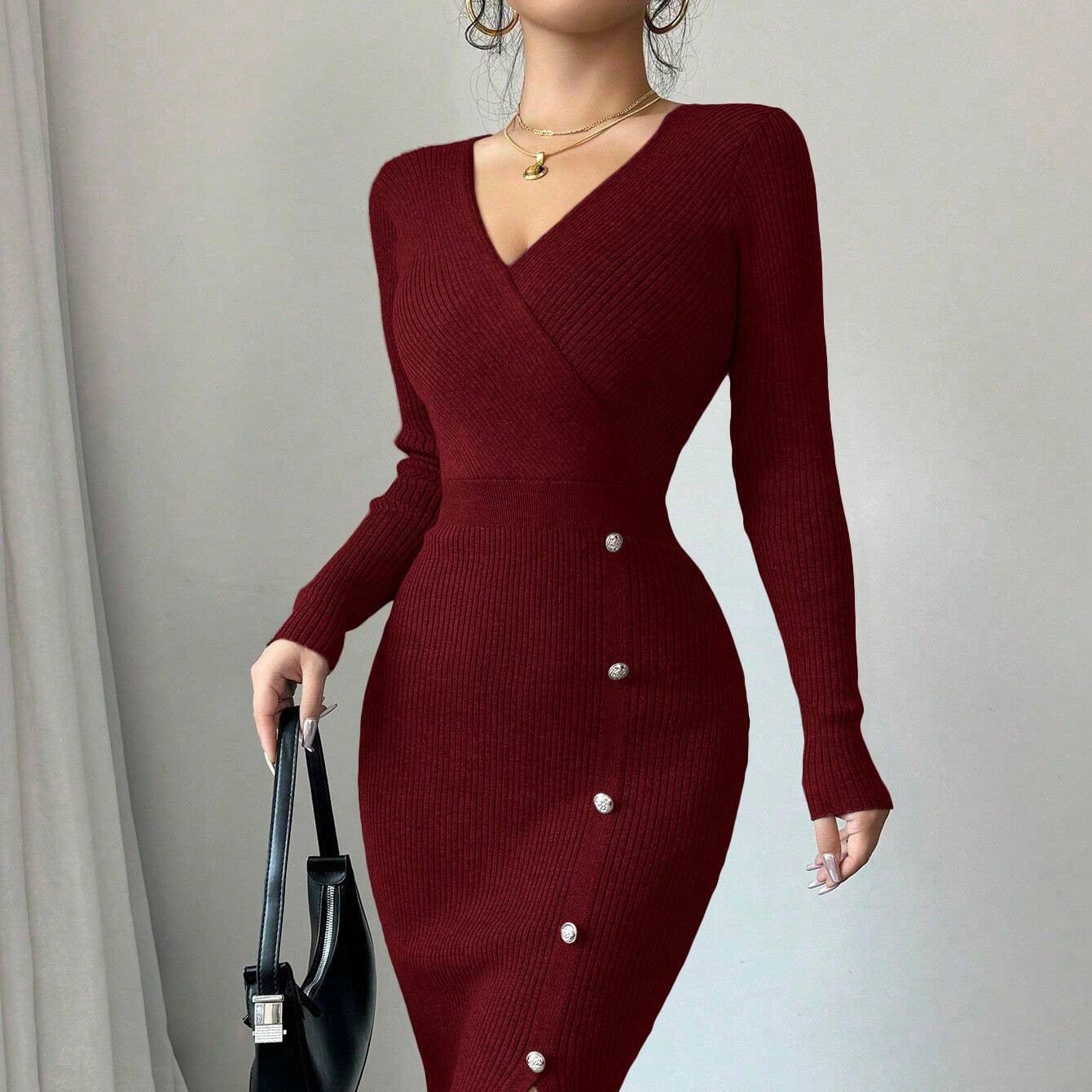 French Knit Bodycon Dress High Waist Long Sleeve Midi