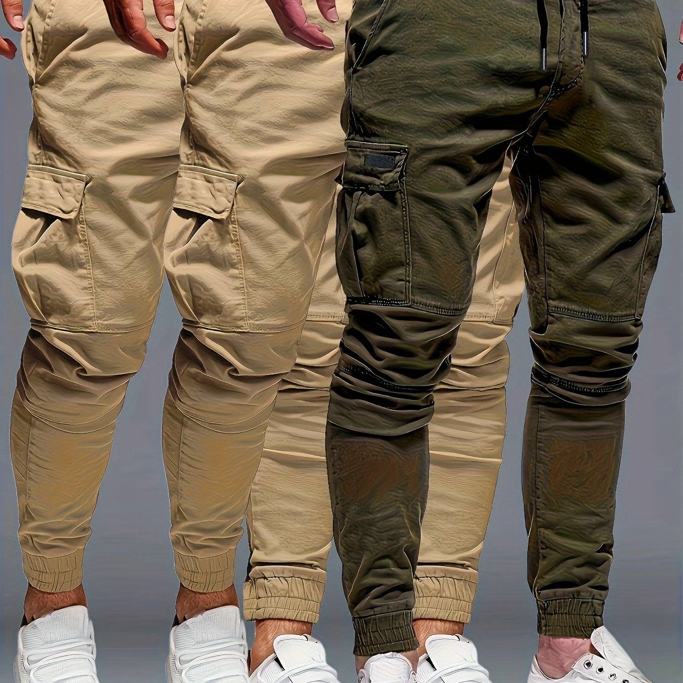 3pcs men's drawstring jogger pants with elastic waist, multi-pocket, regular fit, solid color for gym and casual use