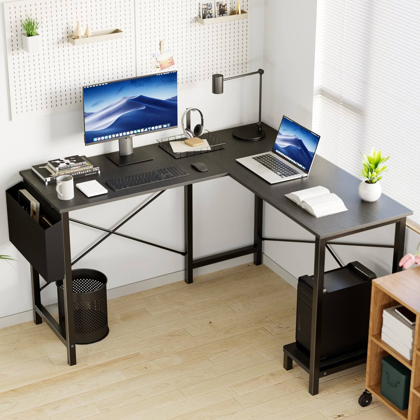 Computer Desk 49 Inch L Shaped MDF Wood Steel Frame Shelf