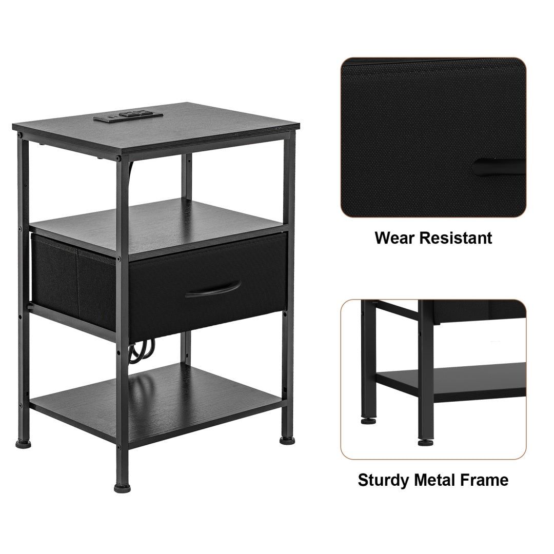 Nightstand with USB and Type C Charging Fabric Drawer