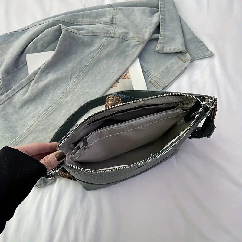 PU Crossbody Bag With Ethnic Embroidery And Zipper