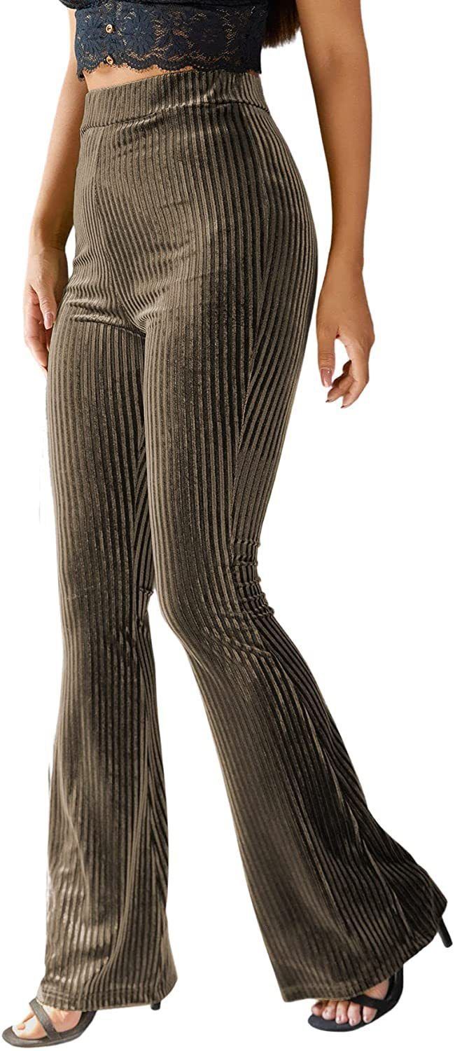 Women’s High Waist Flare Pants Gold Velvet Ribbed Striped Solid Color Slim Fit Trousers