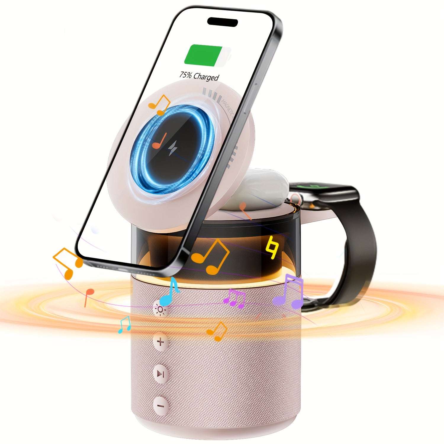 7-in-1 Wireless Charging Station with Night Light, Dual Phone Dock, Fast Charger for iPhone, AirPods & iWatch, 30W Adapter, USB-C & USB-A Outputs