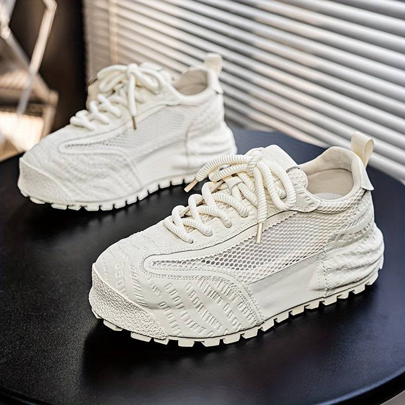Men's plus size mesh sneakers with lace-up, mid-top, thick non-slip rubber sole, durable PU upper and cushioning, all-season comfort.