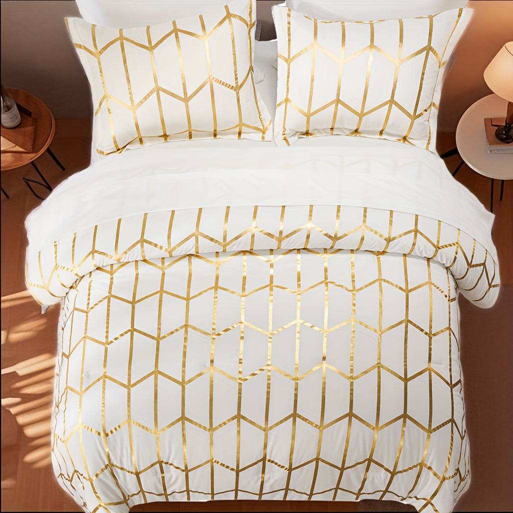 5/7-Piece Golden Foil Comforter Set, Soft Microfiber Queen Bedding with Pillowcases and Sheets, All-Season Easy-Care