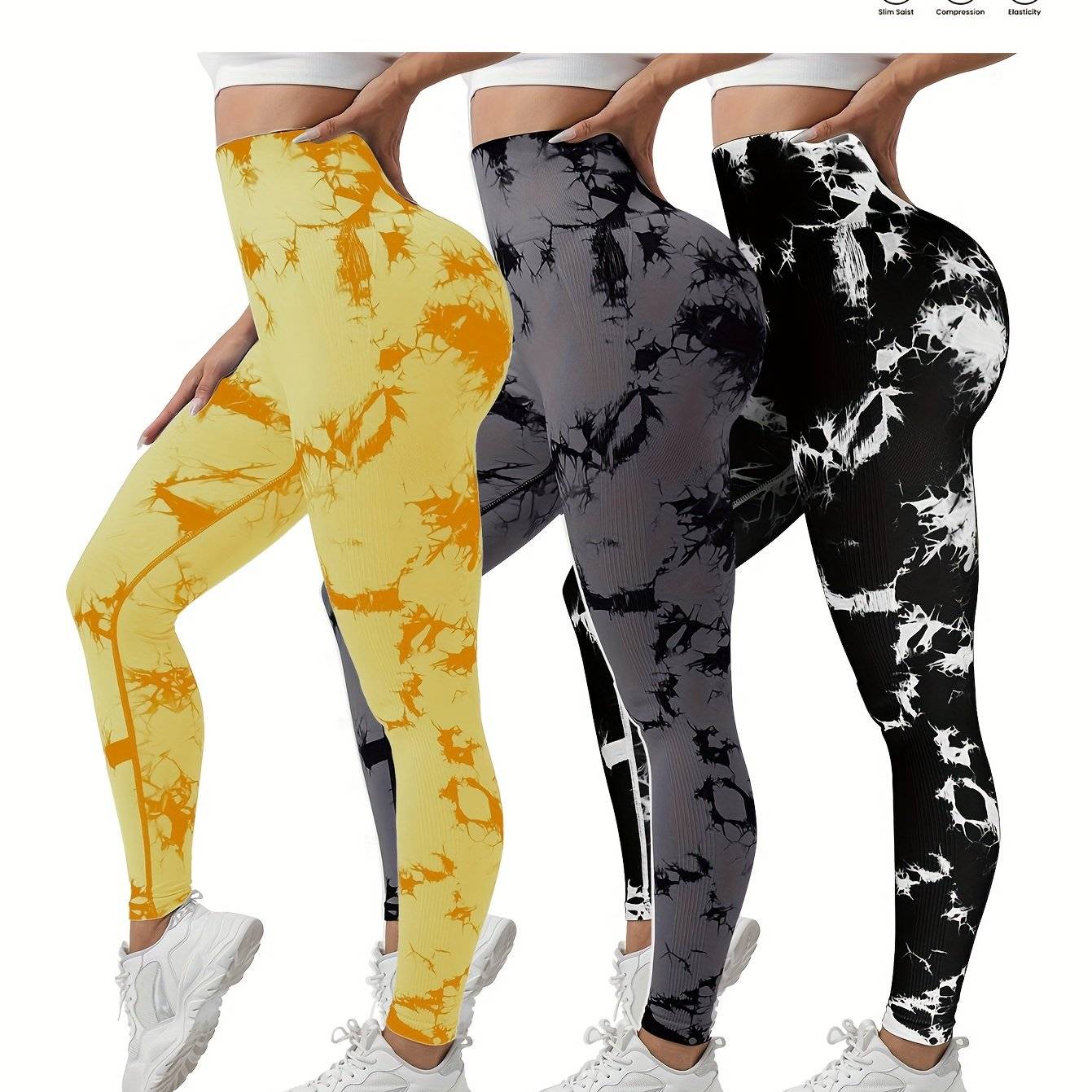 3-pack women’s seamless high-waisted tie-dye leggings, butt-lifting compression fit, multicolor 9/10 sports pants