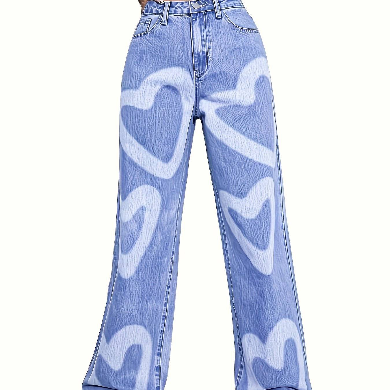 Women’s High-Waisted Wide-Leg Jeans Light Blue Denim with Heart Print Casual Loose Fit