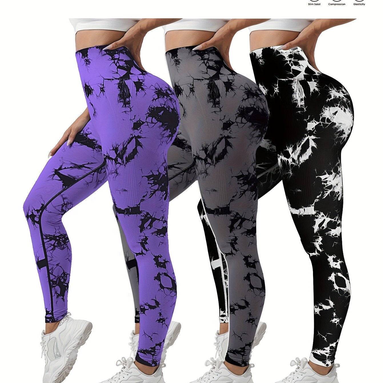 3-pack women’s seamless high-waisted tie-dye leggings, butt-lifting compression fit, multicolor 9/10 sports pants