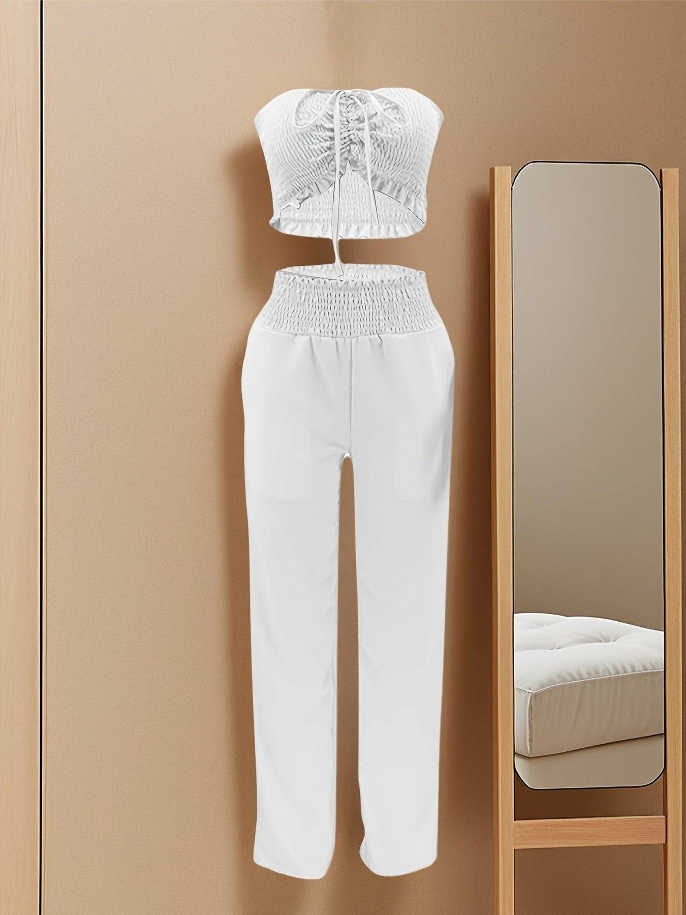 Women’s Spring & Summer 2-Piece Set – Strapless Bow-Tie Top and White Polyester Outfit for Casual & Elegant Wear