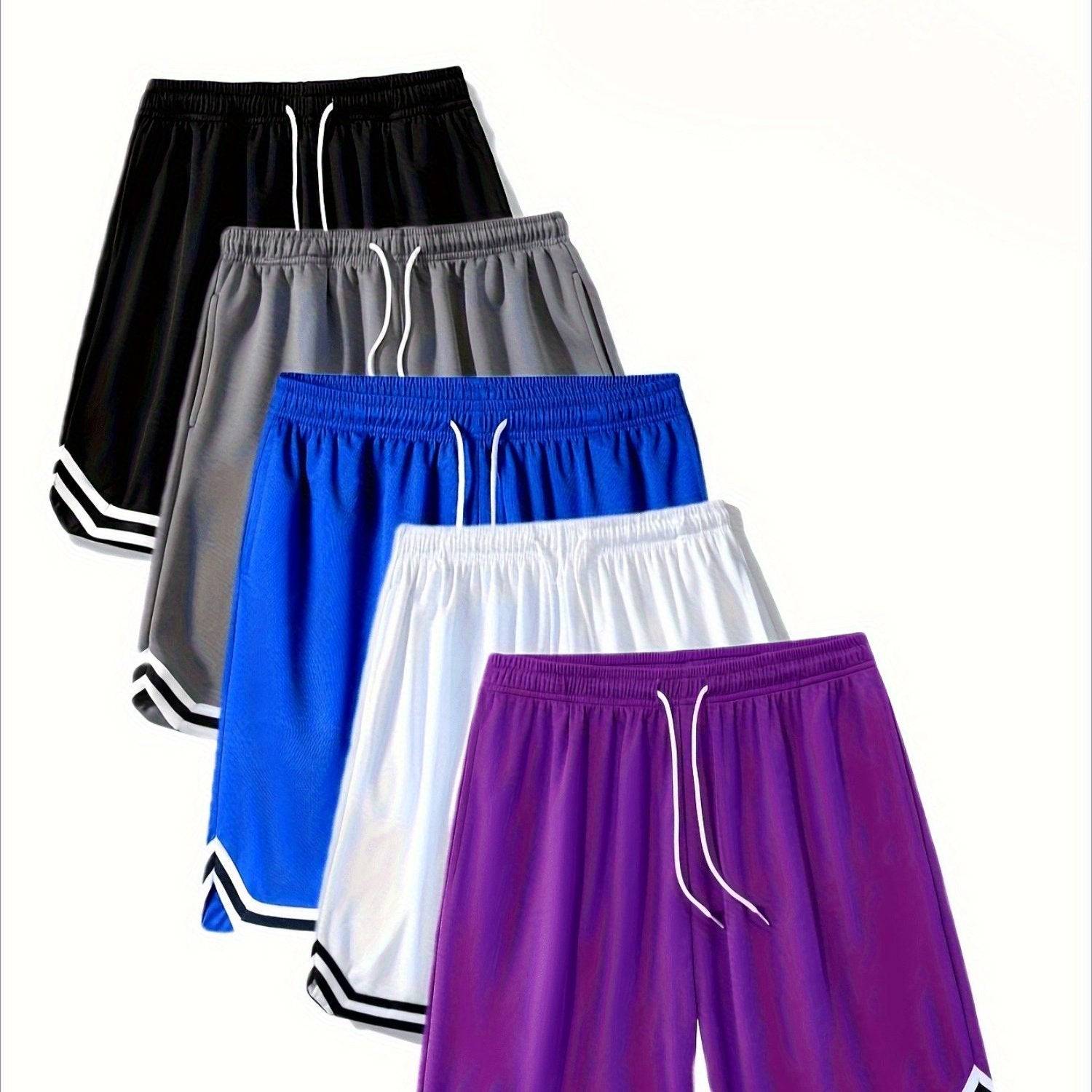5 Pairs Men’s Sports Shorts Stretch Polyester with Elastic Drawstring Waist Loose Fit Solid Colors with Pockets for Gym, Running & Casual Wear