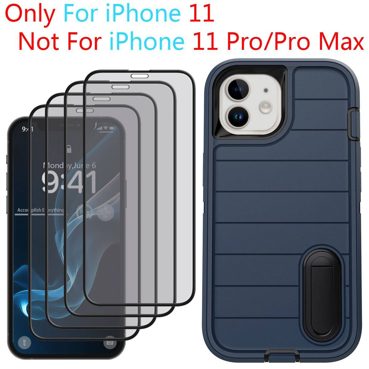 Shockproof 3-in-1 Heavy Duty Case for iPhone 11 with Kickstand, Rugged Protective Cover and 4-Pack Full Coverage Tempered Glass Screen Protectors