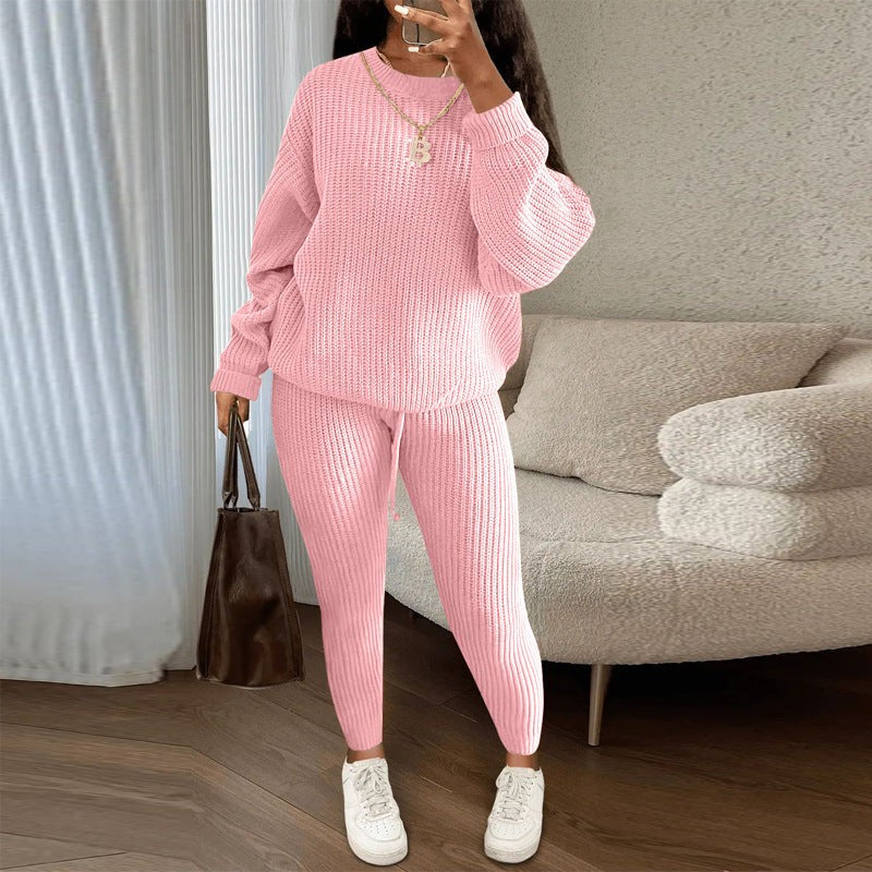 Women’s Ribbed Knit Sweater and Pants Set Loose Pullover Top with Drawstring Trousers