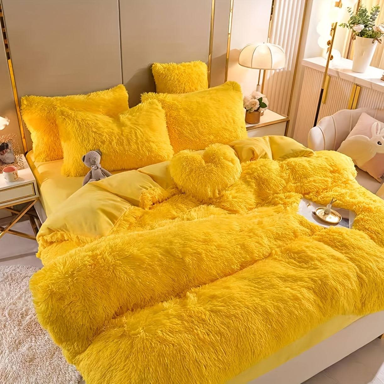 4-Piece Fluffy Bedding Set, Soft Comforter Set with Duvet Cover, Bed Sheet and 2 Pillowcases, Queen/King Size