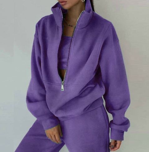 Women Two Piece Set Fleece Solid Color Casual Suit